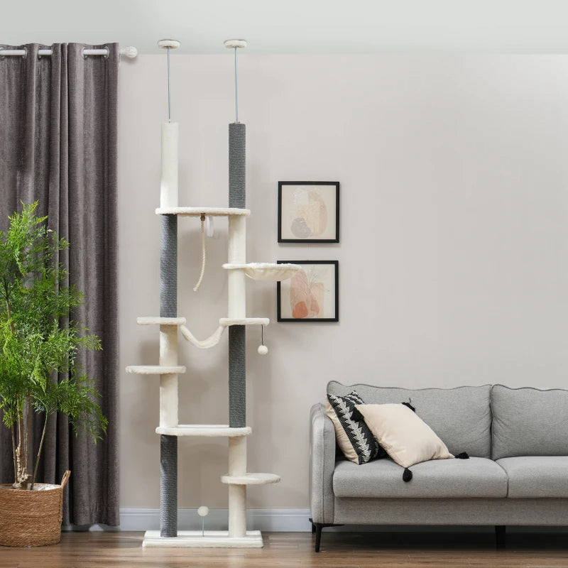 KFX-9507005 Adjustable Floor-to-Ceiling Cat Tree with Hammocks, Scratching Posts, and Plush Comfort in White