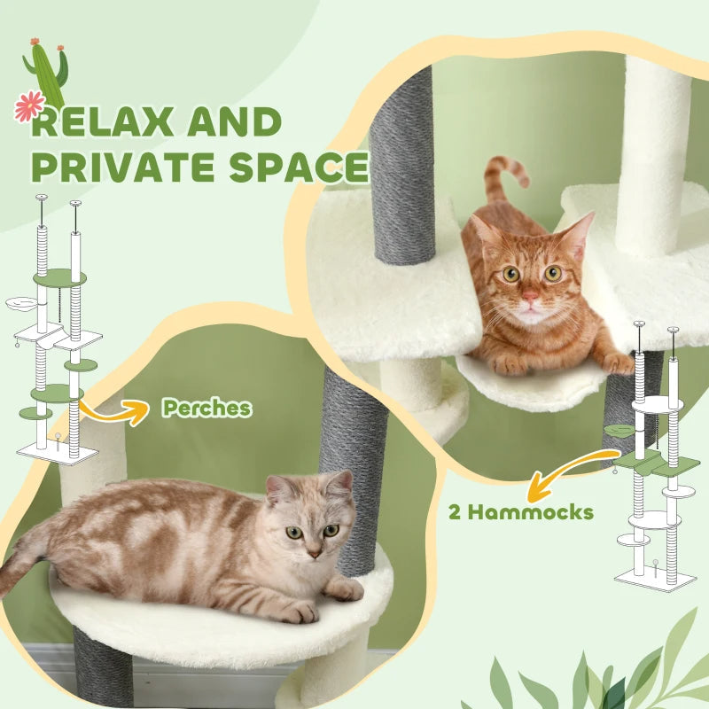 KFX-9507005 Adjustable Floor-to-Ceiling Cat Tree with Hammocks, Scratching Posts, and Plush Comfort in White