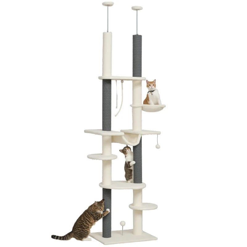 KFX-9507005 Adjustable Floor-to-Ceiling Cat Tree with Hammocks, Scratching Posts, and Plush Comfort in White