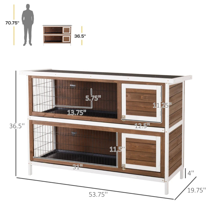 KFX-9507389 Brown Wooden Two-Level Rabbit Hutch with Asphalt Roof for Small Animals and Outdoor Use