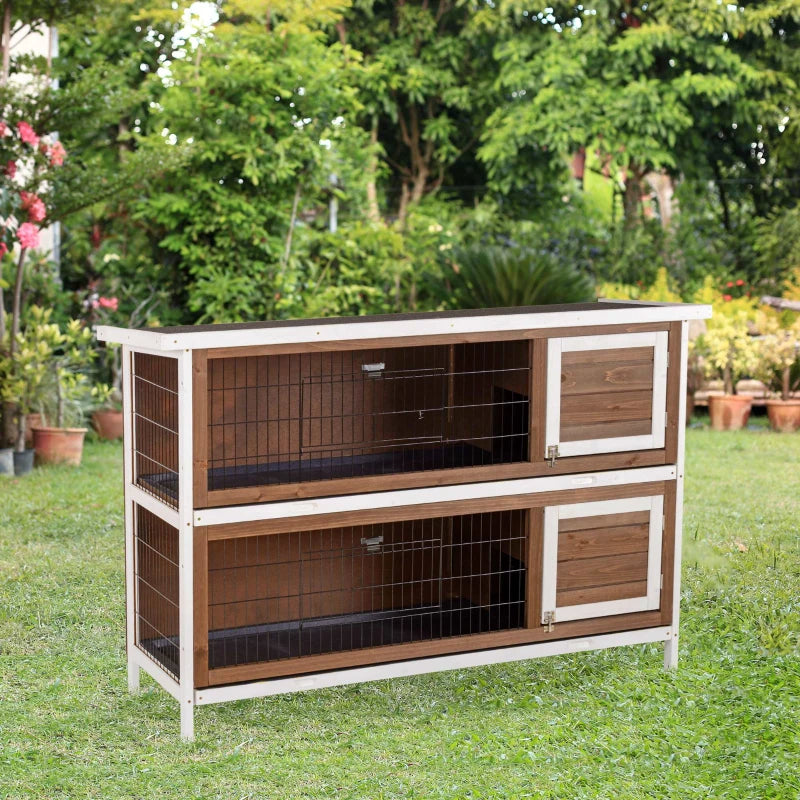 KFX-9507389 Brown Wooden Two-Level Rabbit Hutch with Asphalt Roof for Small Animals and Outdoor Use