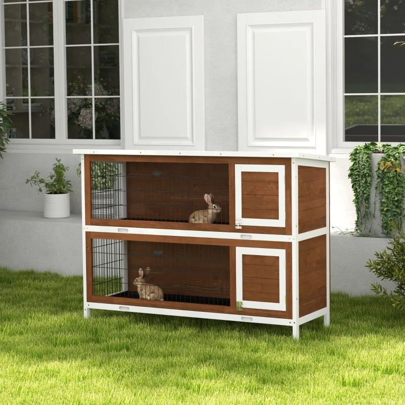 KFX-9507389 Brown Wooden Two-Level Rabbit Hutch with Asphalt Roof for Small Animals and Outdoor Use