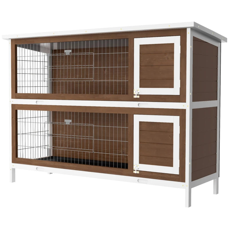 KFX-9507389 Brown Wooden Two-Level Rabbit Hutch with Asphalt Roof for Small Animals and Outdoor Use