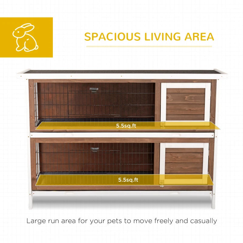 KFX-9507389 Brown Wooden Two-Level Rabbit Hutch with Asphalt Roof for Small Animals and Outdoor Use