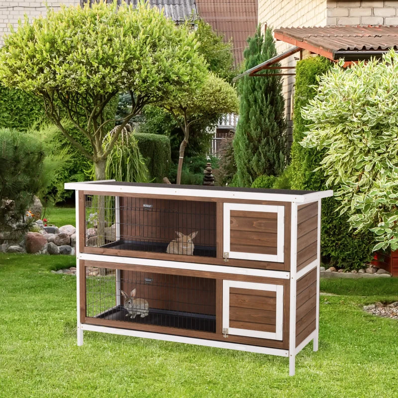 KFX-9507389 Brown Wooden Two-Level Rabbit Hutch with Asphalt Roof for Small Animals and Outdoor Use