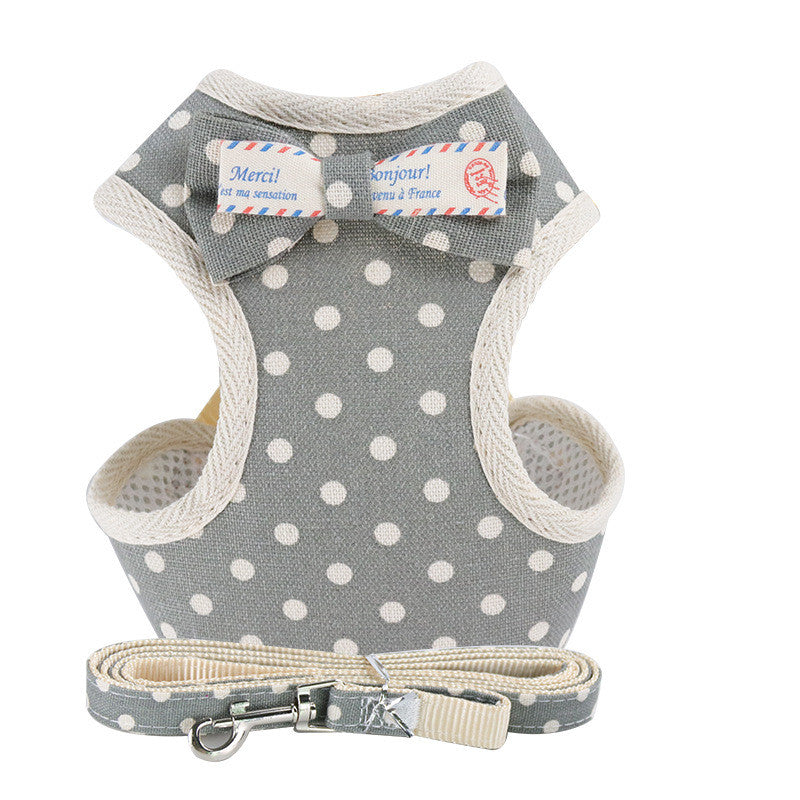 KFX-9510077 Dog Vest-Style Leash with Bowknot Design - Available in Navy Blue Stripes, Blue Grid, Pink Dots, Gray Dots
