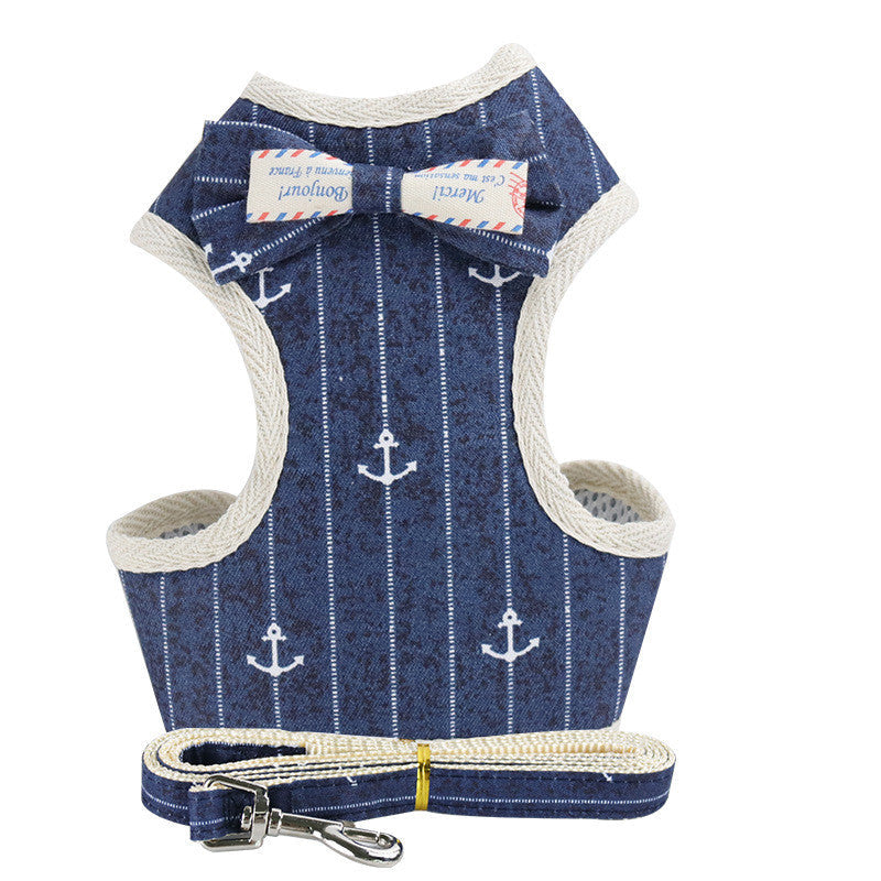 KFX-9510077 Dog Vest-Style Leash with Bowknot Design - Available in Navy Blue Stripes, Blue Grid, Pink Dots, Gray Dots