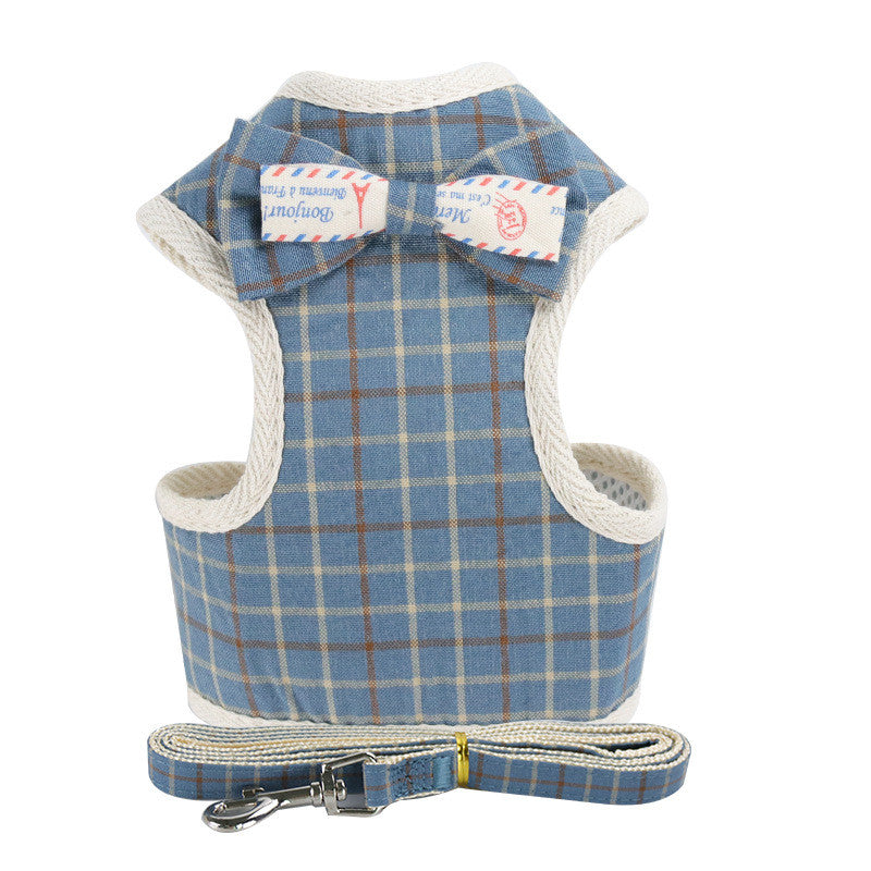 KFX-9510077 Dog Vest-Style Leash with Bowknot Design - Available in Navy Blue Stripes, Blue Grid, Pink Dots, Gray Dots