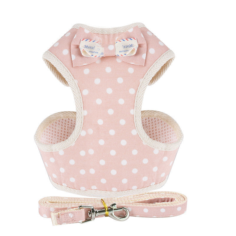 KFX-9510077 Dog Vest-Style Leash with Bowknot Design - Available in Navy Blue Stripes, Blue Grid, Pink Dots, Gray Dots