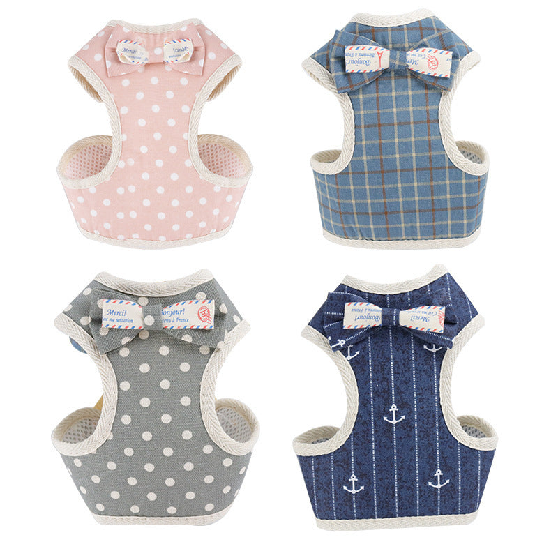 KFX-9510077 Dog Vest-Style Leash with Bowknot Design - Available in Navy Blue Stripes, Blue Grid, Pink Dots, Gray Dots