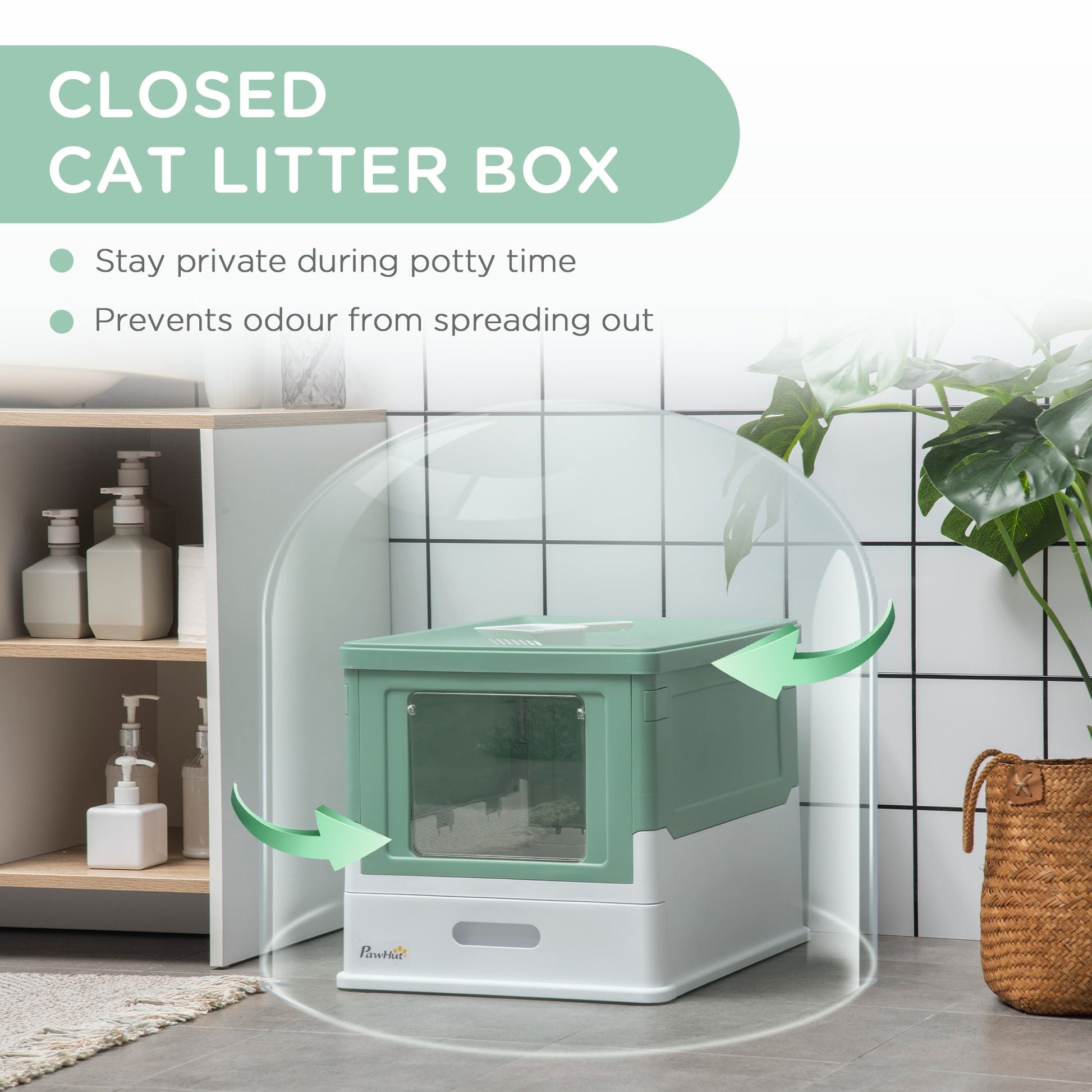 KFX-9514941 Fully Enclosed Cat Litter Box with Top Exit and Pull-Out Tray, Green & White