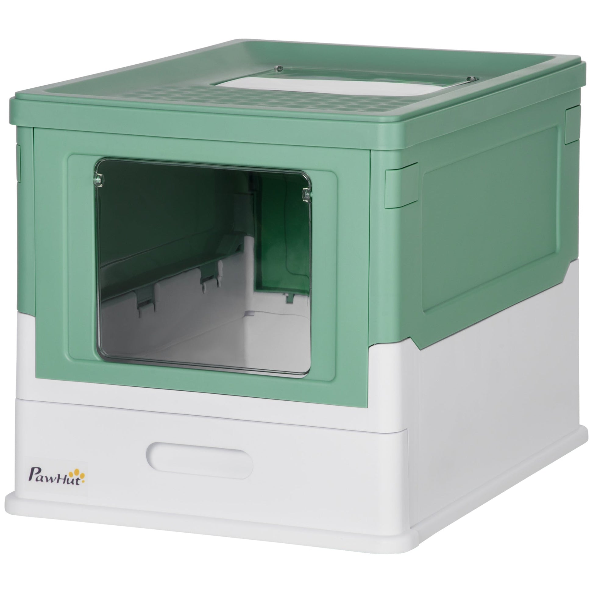 KFX-9514941 Fully Enclosed Cat Litter Box with Top Exit and Pull-Out Tray, Green & White