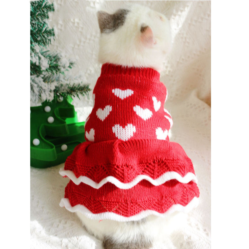 KFX-9517245 Warm Red Heart Cake Princess Dress for Small Dogs - Festive Sweater for New Year Celebrations