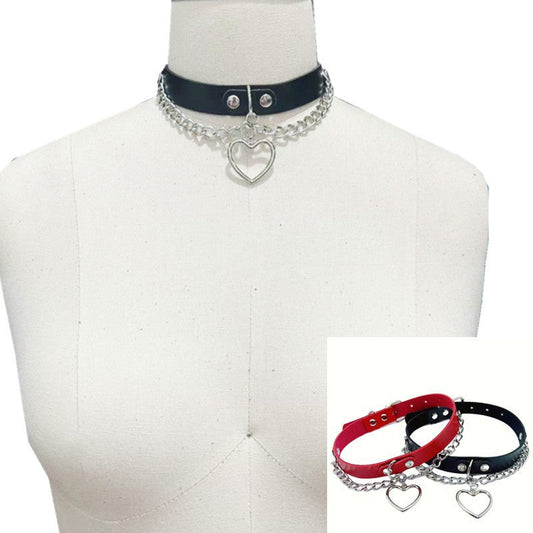 KFX-9521213 Heart-Shaped Leather Collar Necklace in Black and Pink Options