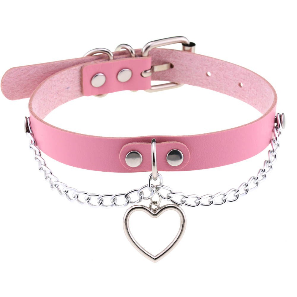 KFX-9521213 Heart-Shaped Leather Collar Necklace in Black and Pink Options