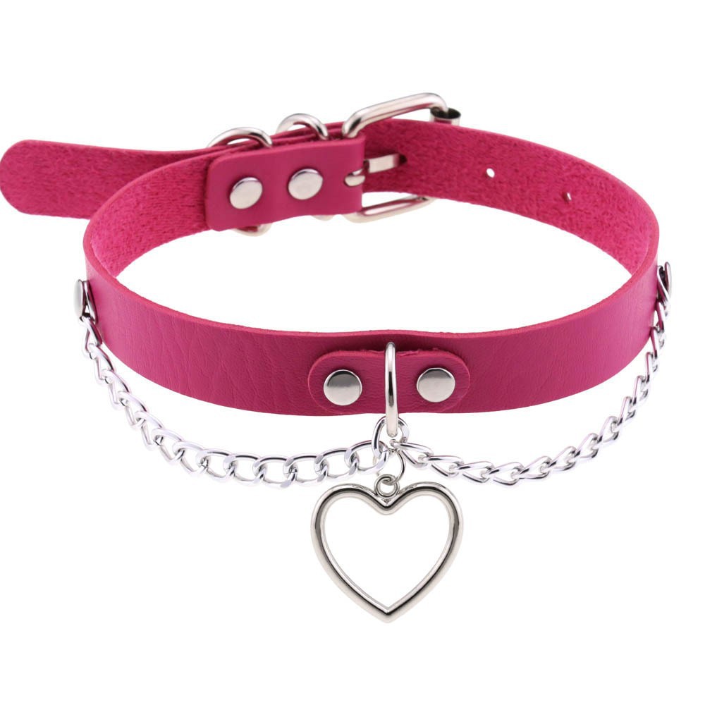 KFX-9521213 Heart-Shaped Leather Collar Necklace in Black and Pink Options