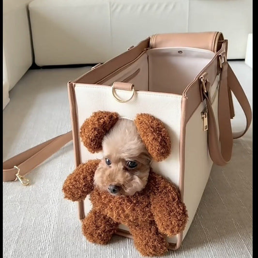 KFX-9521469 One-Shoulder Cute Dog Outing Bag - Large Capacity Pet Carrier in White and Brown