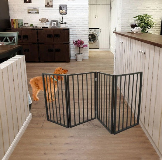 KFX-9532349 Portable Folding Pet Gate for Doorways – Dark Brown Populus Wood, 73x24 Inches, Easy to Move and Store