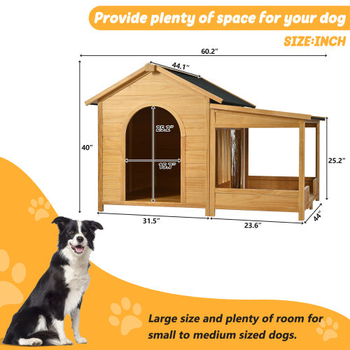 KFX-9534397 Large Wooden Dog House with Porch, Asphalt Roof, Elevated Floor for Medium & Large Dogs