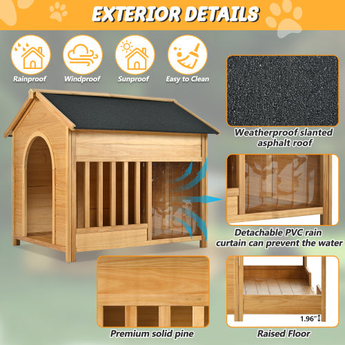 KFX-9534397 Large Wooden Dog House with Porch, Asphalt Roof, Elevated Floor for Medium & Large Dogs