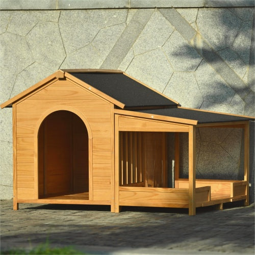 KFX-9534397 Large Wooden Dog House with Porch, Asphalt Roof, Elevated Floor for Medium & Large Dogs