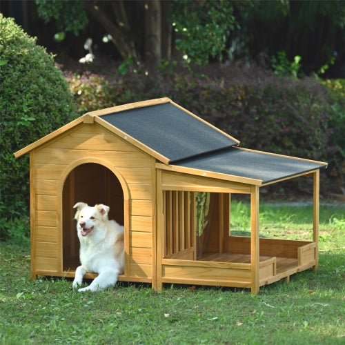 KFX-9534397 Large Wooden Dog House with Porch, Asphalt Roof, Elevated Floor for Medium & Large Dogs