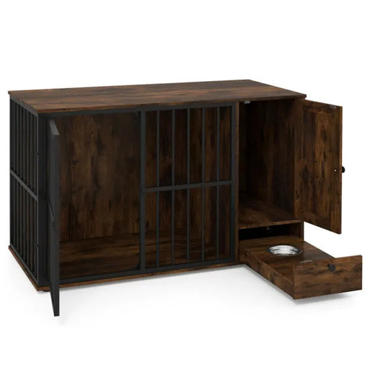 KFX-9540157 2-in-1 Dog Crate End Table with Pull-Out Feeder for Small & Medium Dogs, Chew-Resistant Design