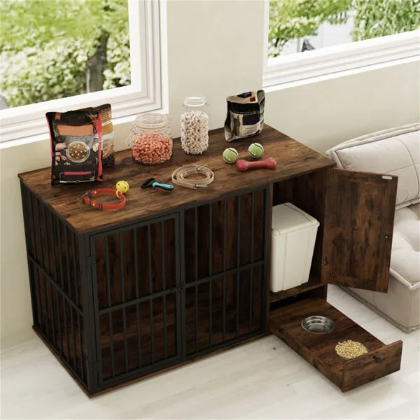 KFX-9540157 2-in-1 Dog Crate End Table with Pull-Out Feeder for Small & Medium Dogs, Chew-Resistant Design