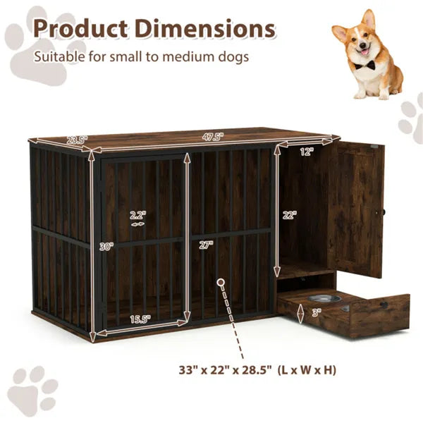 KFX-9540157 2-in-1 Dog Crate End Table with Pull-Out Feeder for Small & Medium Dogs, Chew-Resistant Design