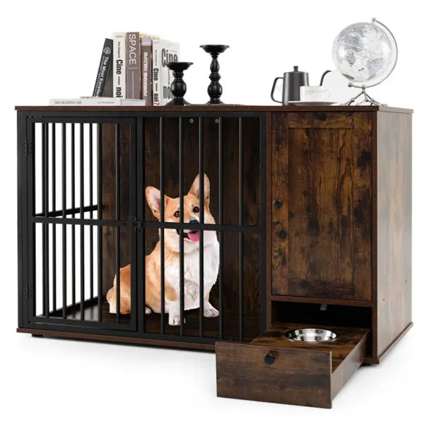 KFX-9540157 2-in-1 Dog Crate End Table with Pull-Out Feeder for Small & Medium Dogs, Chew-Resistant Design