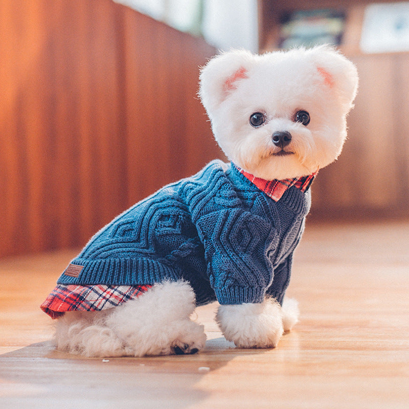 KFX-9540669 Cozy British-Style Dog Sweater for Autumn and Winter, Available in Red and Royal Blue