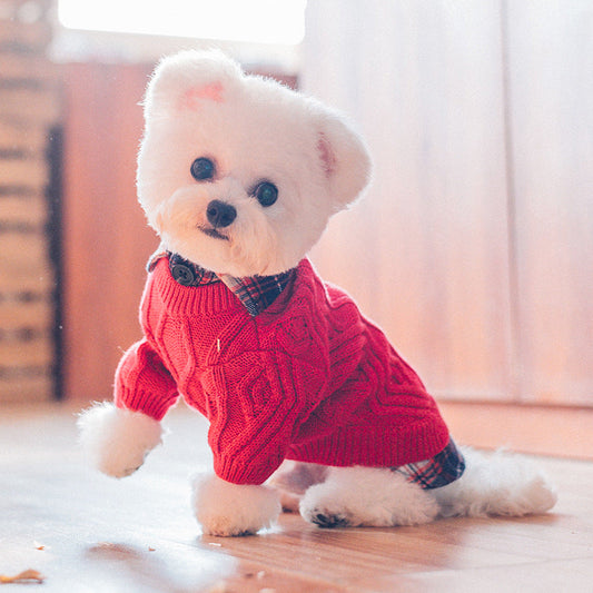 KFX-9540669 Cozy British-Style Dog Sweater for Autumn and Winter, Available in Red and Royal Blue