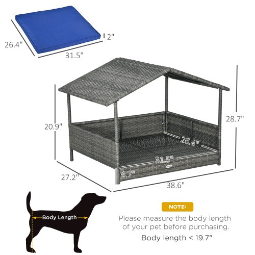 KFX-9541949 Wicker Dog House with Canopy, Rattan Bed with Water-resistant Cushion for Small and Medium Dogs, Dark Blue