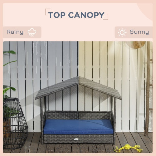 KFX-9541949 Wicker Dog House with Canopy, Rattan Bed with Water-resistant Cushion for Small and Medium Dogs, Dark Blue