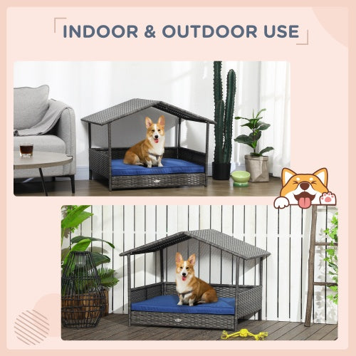 KFX-9541949 Wicker Dog House with Canopy, Rattan Bed with Water-resistant Cushion for Small and Medium Dogs, Dark Blue