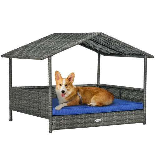 KFX-9541949 Wicker Dog House with Canopy, Rattan Bed with Water-resistant Cushion for Small and Medium Dogs, Dark Blue