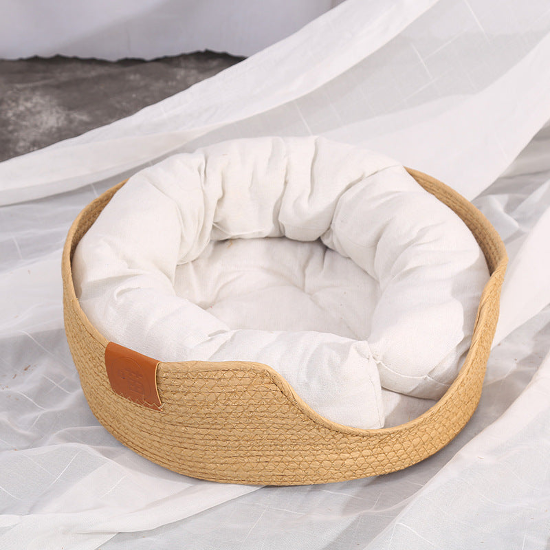 KFX-9546301 Hand-Woven Rattan Cat Nest with Scratching Board - Versatile Pet Bed for Cats and Small Dogs, Multi-Season Use