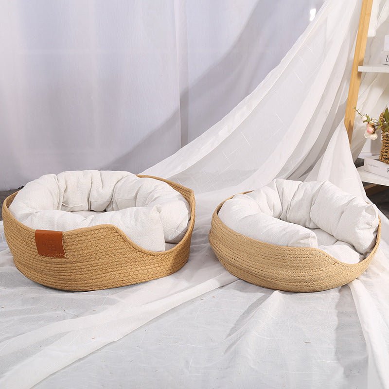 KFX-9546301 Hand-Woven Rattan Cat Nest with Scratching Board - Versatile Pet Bed for Cats and Small Dogs, Multi-Season Use