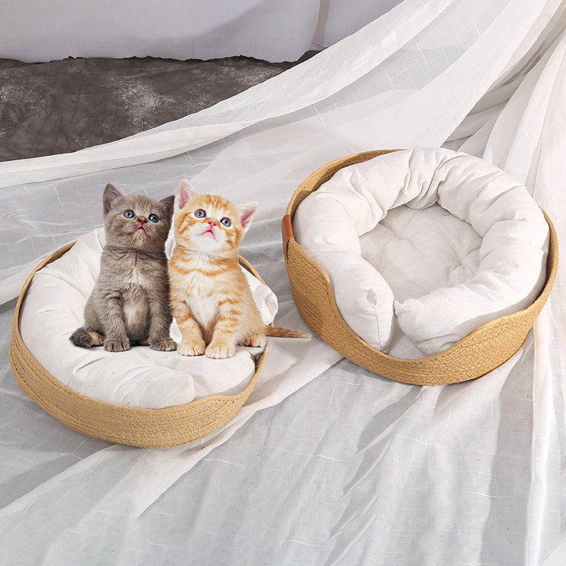 KFX-9546301 Hand-Woven Rattan Cat Nest with Scratching Board - Versatile Pet Bed for Cats and Small Dogs, Multi-Season Use