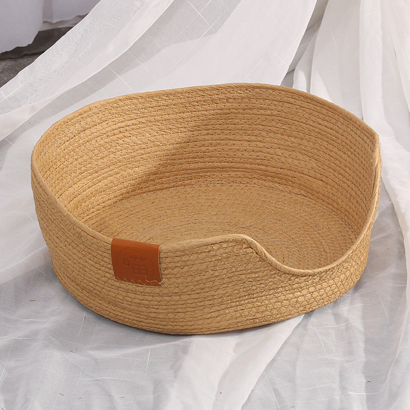 KFX-9546301 Hand-Woven Rattan Cat Nest with Scratching Board - Versatile Pet Bed for Cats and Small Dogs, Multi-Season Use