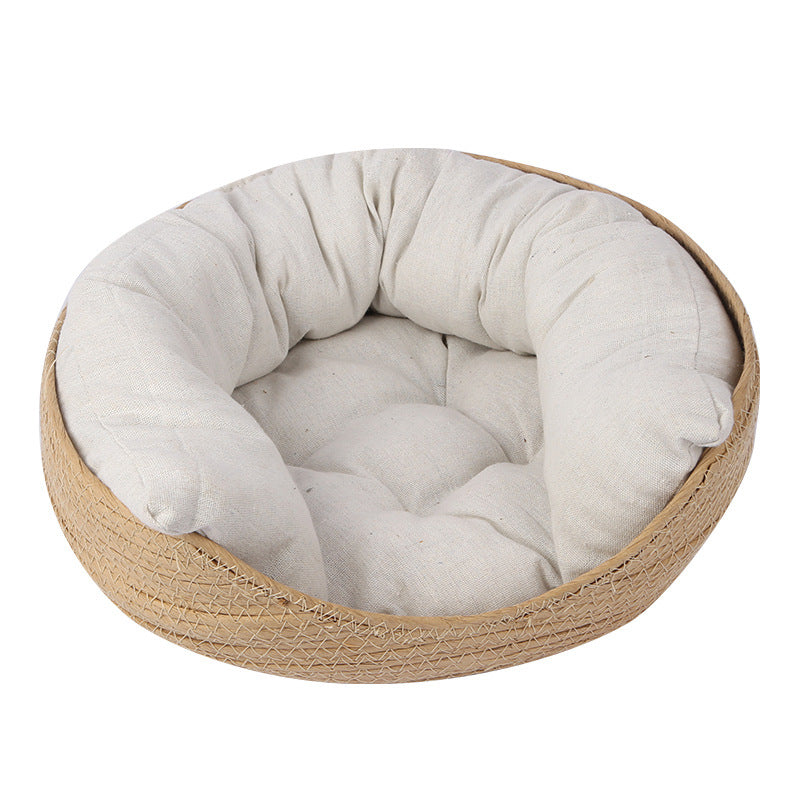 KFX-9546301 Hand-Woven Rattan Cat Nest with Scratching Board - Versatile Pet Bed for Cats and Small Dogs, Multi-Season Use