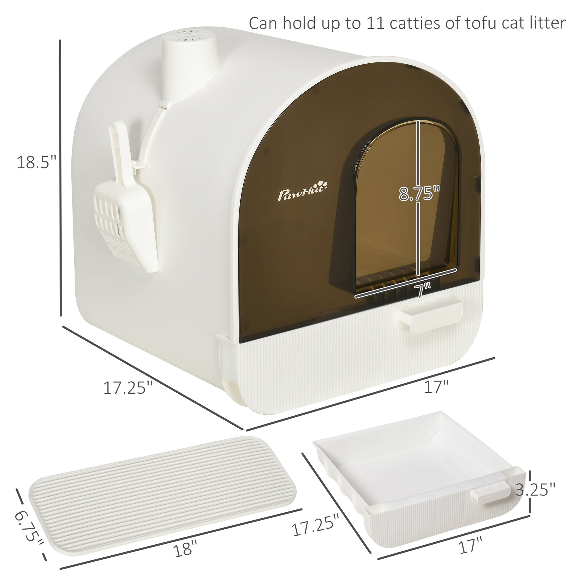 KFX-9547709 White Hooded Cat Litter Box with Scoop, Filter, and Removable Tray
