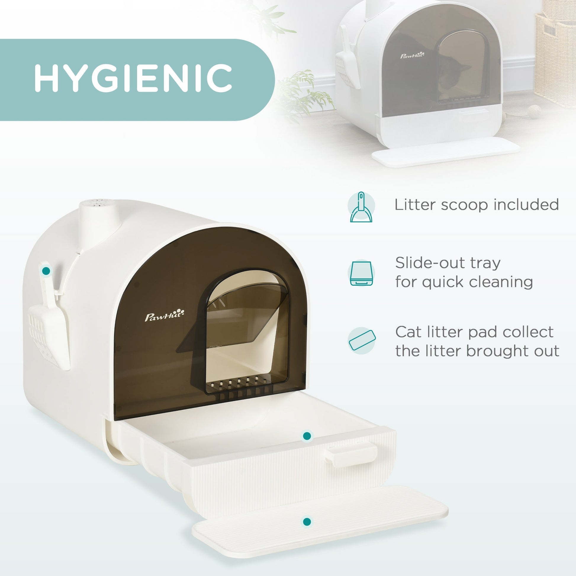 KFX-9547709 White Hooded Cat Litter Box with Scoop, Filter, and Removable Tray