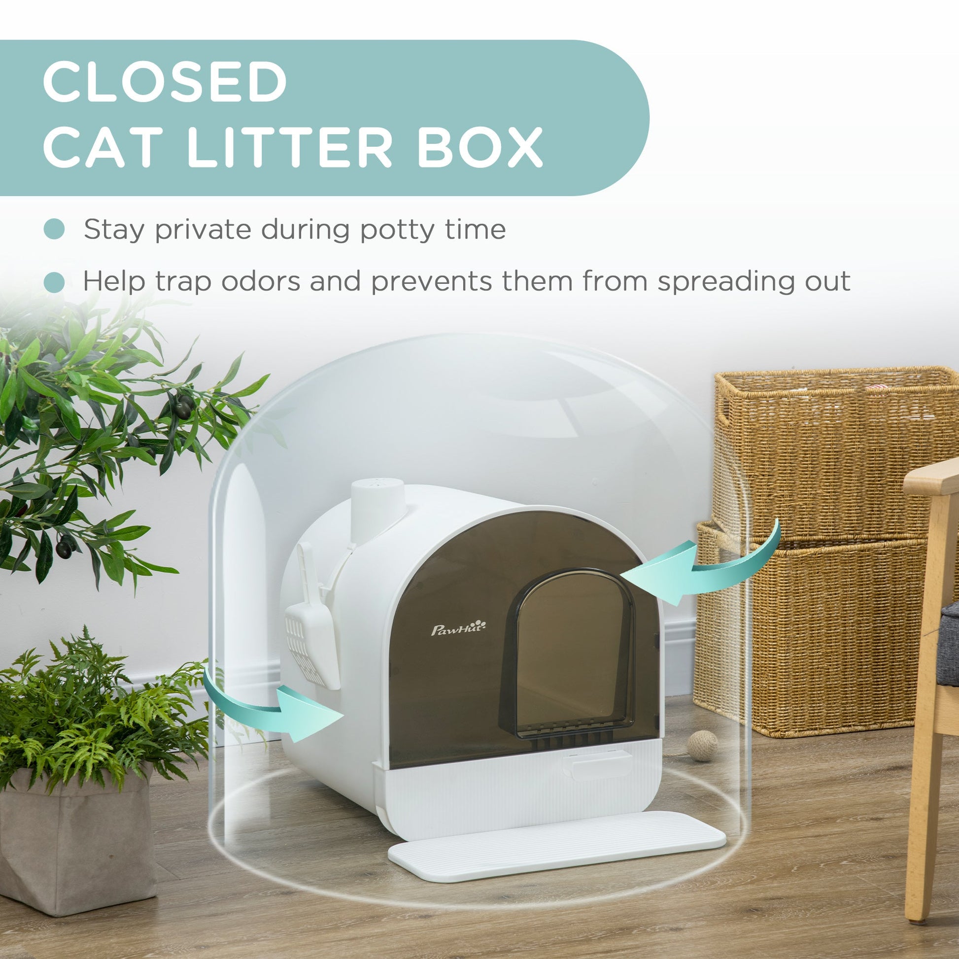 KFX-9547709 White Hooded Cat Litter Box with Scoop, Filter, and Removable Tray