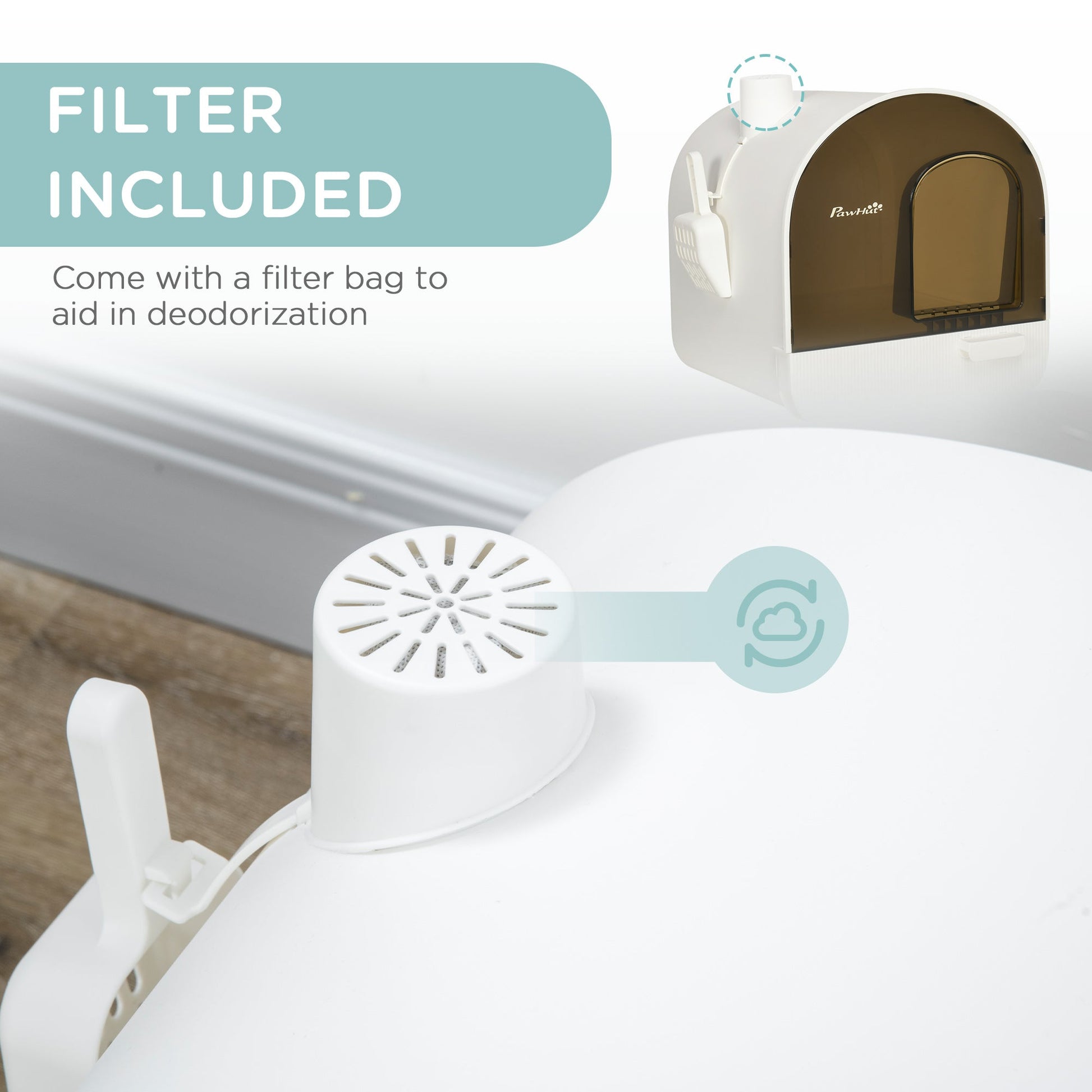 KFX-9547709 White Hooded Cat Litter Box with Scoop, Filter, and Removable Tray
