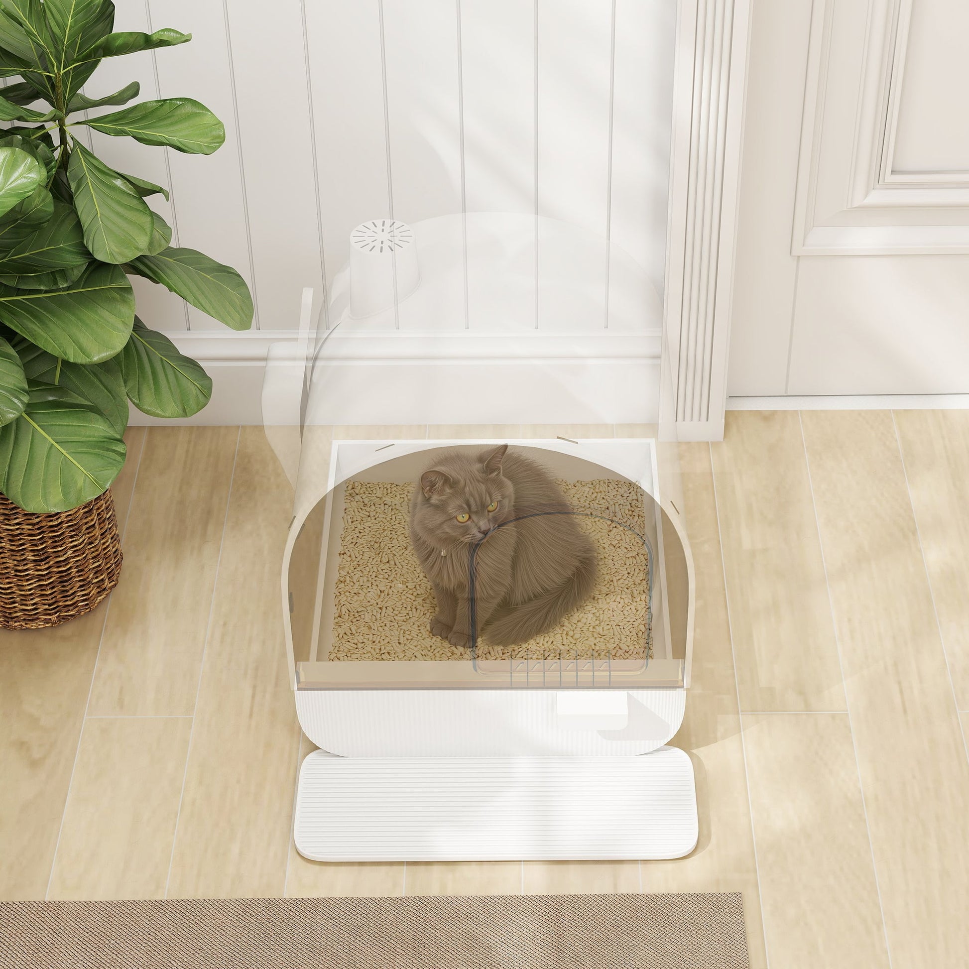 KFX-9547709 White Hooded Cat Litter Box with Scoop, Filter, and Removable Tray
