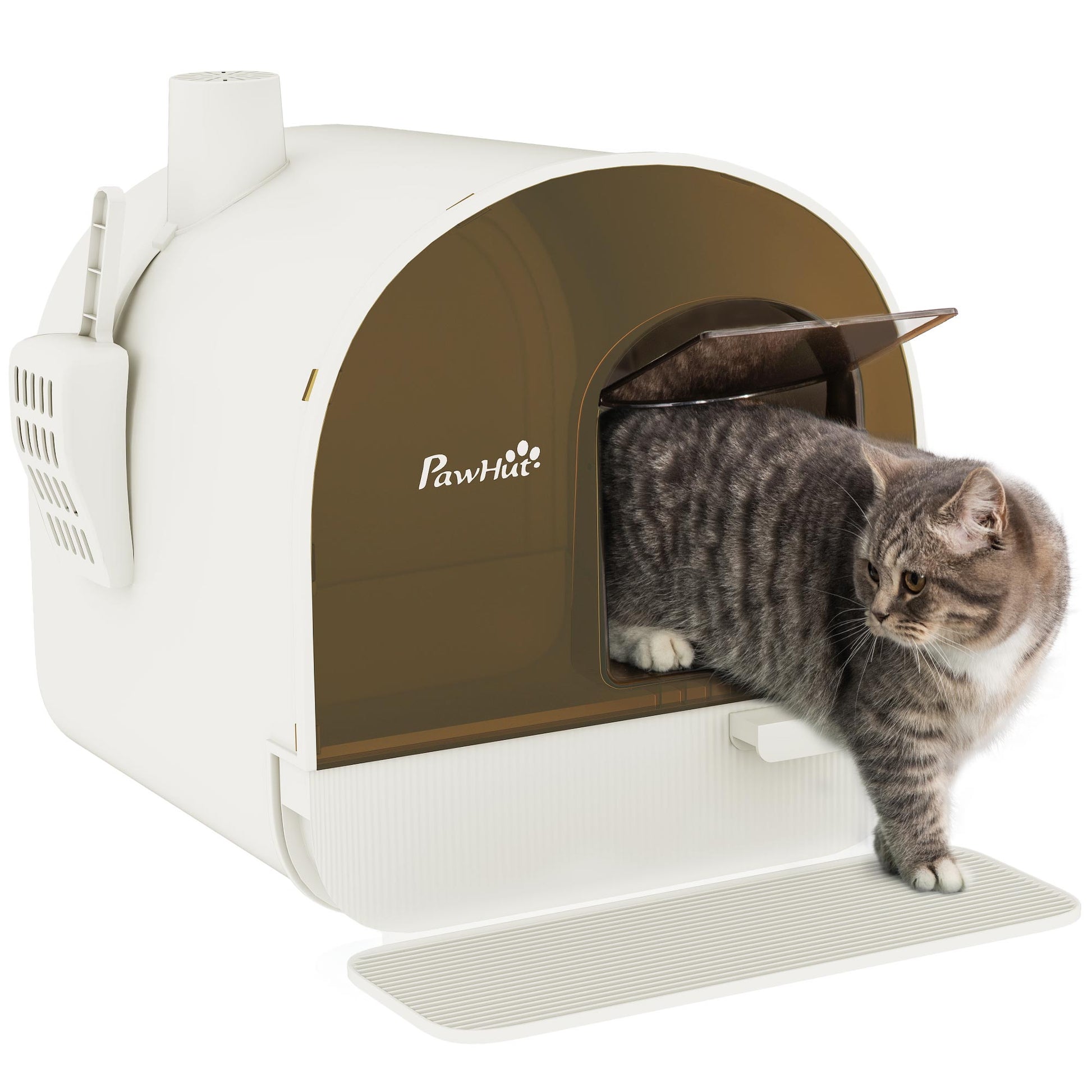 KFX-9547709 White Hooded Cat Litter Box with Scoop, Filter, and Removable Tray