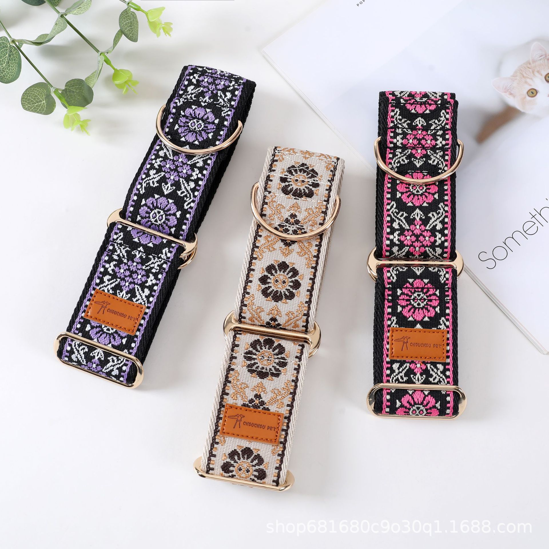 KFX-9553981 Floral-Pattern Adjustable Pet Collar in Turmeric, Purple, and Rose Red - My Size XS to L