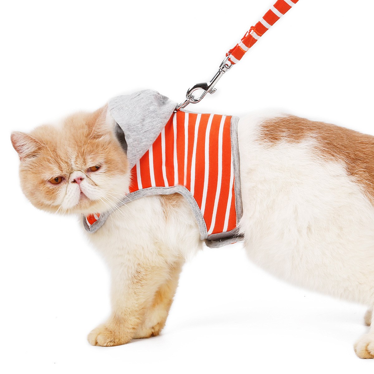 KFX-9557053 Cat Hooded Vest Harness and Leash Set for Outdoor Adventures, Adjustable XS/S, Cotton & Oxford Cloth, Pink & Orange