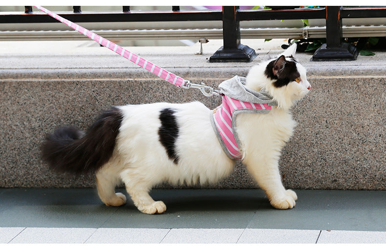 KFX-9557053 Cat Hooded Vest Harness and Leash Set for Outdoor Adventures, Adjustable XS/S, Cotton & Oxford Cloth, Pink & Orange